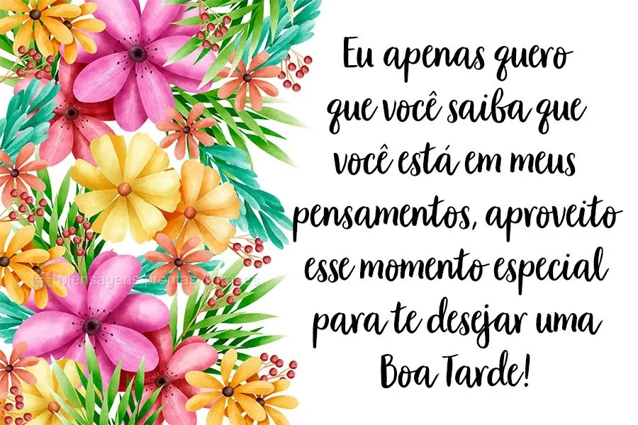 Eu apenas quero que você saiba que você está em meus pensamentos. Aproveito esse momento especial para te desejar uma Boa Tarde!

