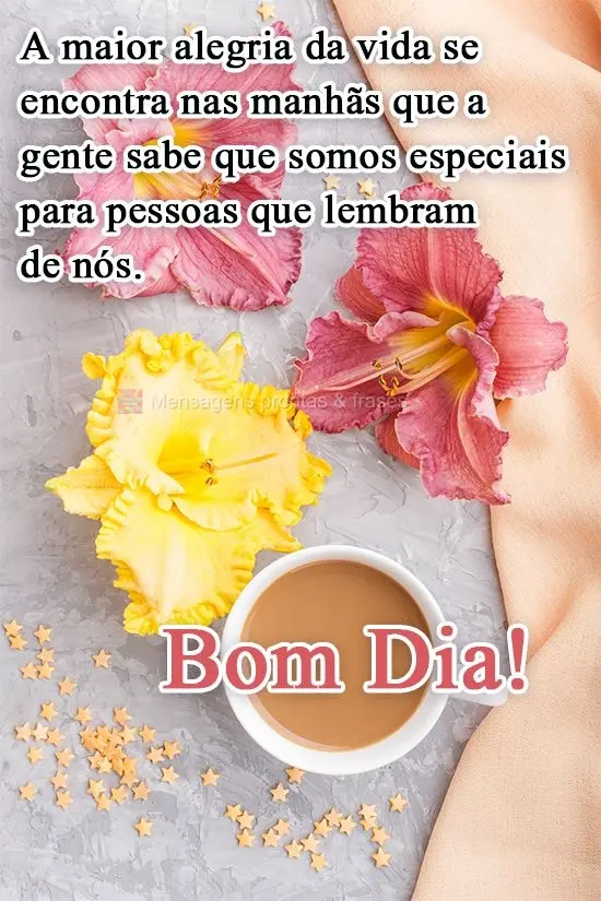 A maior alegria da vida se encontra nas manhãs que a gente sabe que somos especiais para pessoas que lembram de nós.  Bom dia!