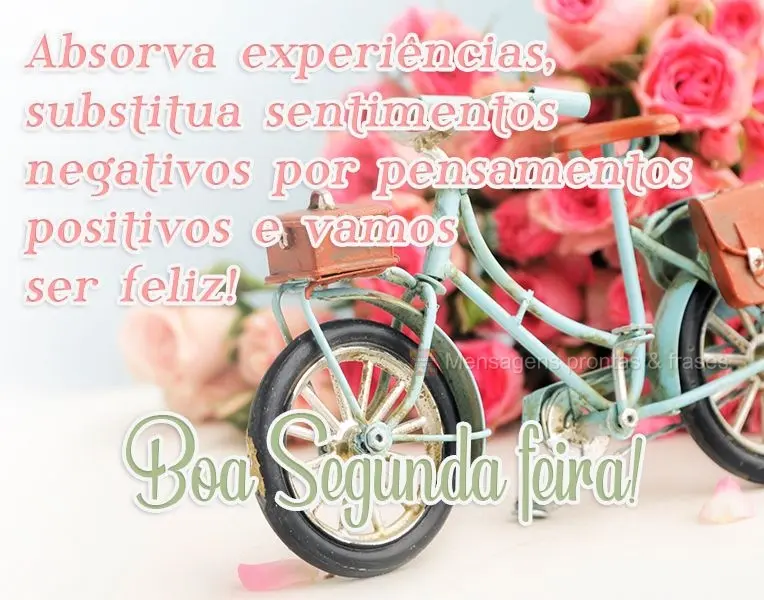 Absorva experiências, substitua sentimentos negativos por pensamentos positivos e vamos ser feliz! 
 Boa Segunda-feira!