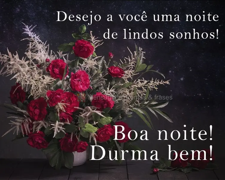 Desejo a você uma noite de lindos sonhos!
  Boa noite! Durma bem!