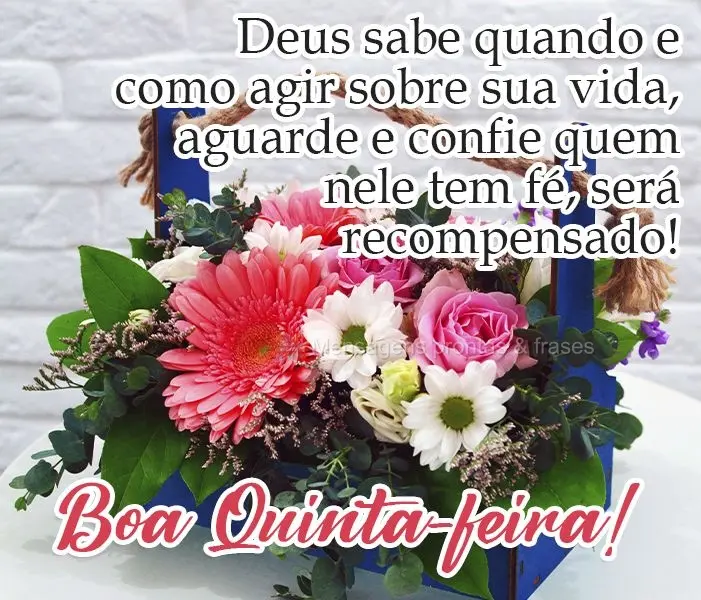 Deus sabe quando e como agir sobre sua vida. Aguarde e confie! Quem nele tem fé, será recompensado! 

 Boa Quinta-feira!