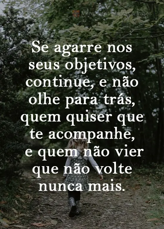 Se agarre nos seus objetivos. Continue, não olhe para trás. Quem quiser, que te acompanhe; e quem não vier, que não volte nunca mais.
