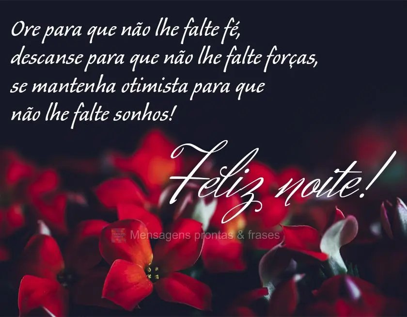 Ore para que não lhe falte fé, descanse para que não lhe falte forças, se mantenha otimista para que não lhe falte sonhos! Feliz noite! 