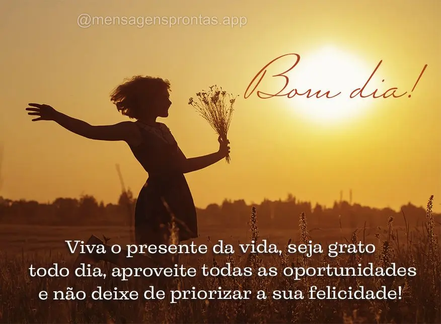 Viva o presente da vida, seja grato todo dia, aproveite todas as oportunidades e não deixe de priorizar a sua felicidade! Bom dia! 