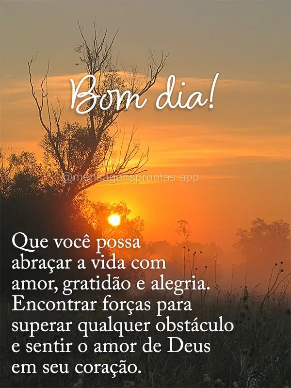 Que você possa abraçar a vida com amor, gratidão e alegria. Encontrar forças para superar qualquer obstáculo e sentir o amor de Deus em seu coraçã...