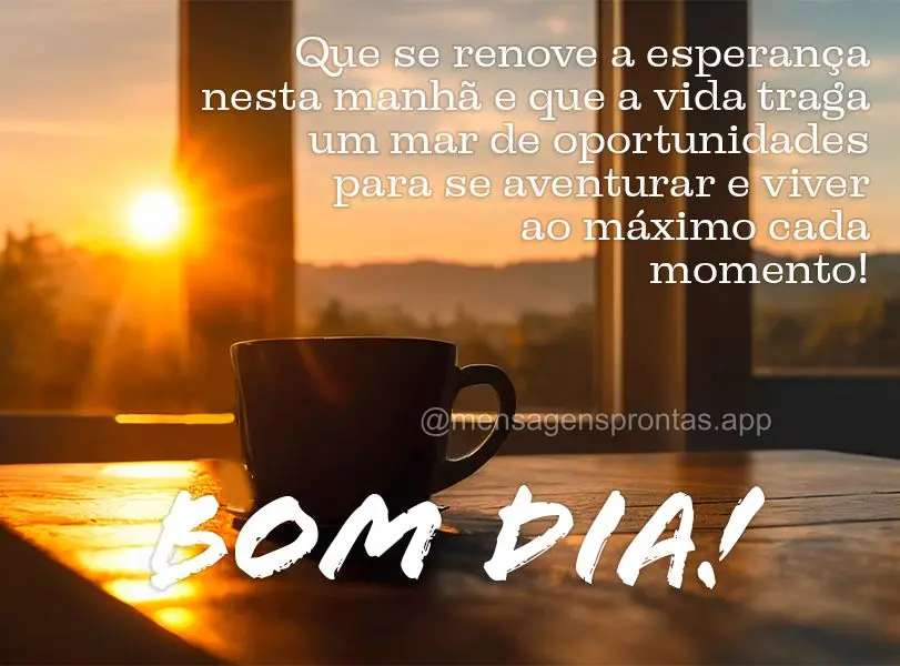 Que se renove a esperança nesta manhã e que a vida traga um mar de oportunidades para se aventurar e viver ao máximo cada momento! Bom dia!