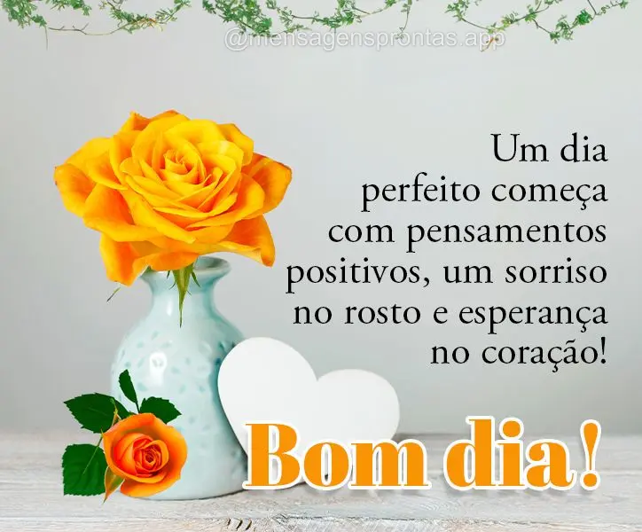Um dia perfeito começa com pensamentos positivos, um sorriso no rosto e esperança no coração! Bom dia!