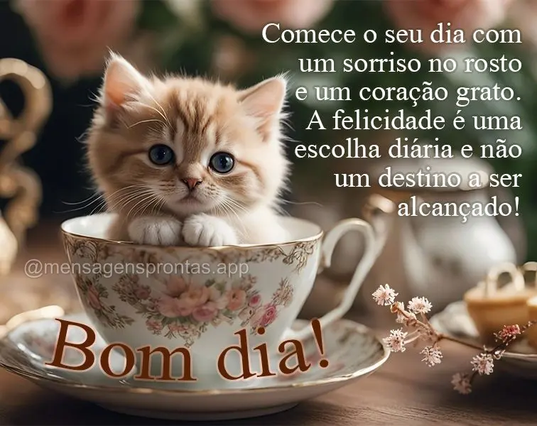 Comece o seu dia com um sorriso no rosto e um coração grato. A felicidade é uma escolha diária e não um destino a ser alcançado! Bom dia!