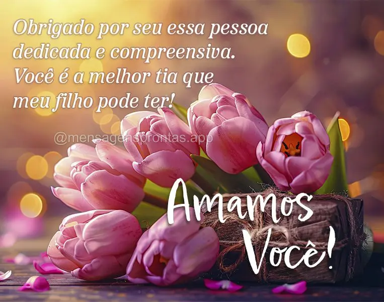 Obrigado por seu essa pessoa dedicada e compreensiva. Você é a melhor tia que meu filho pode ter! Amamos você!