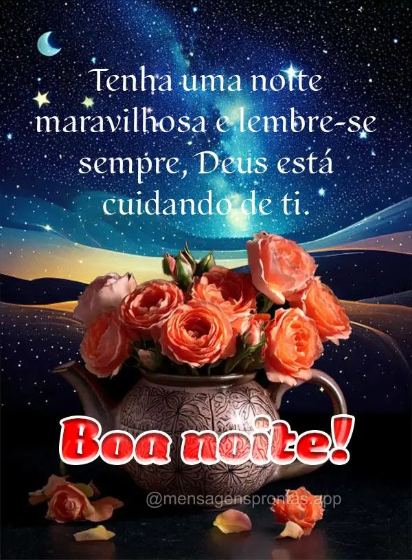 Tenha uma noite maravilhosa e lembre-se sempre, Deus está cuidando de ti. Boa noite!
