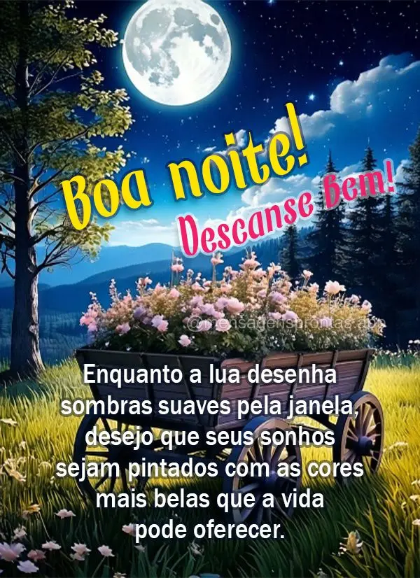 Enquanto a lua desenha sombras suaves pela janela, desejo que seus sonhos sejam pintados com as cores mais belas que a vida pode oferecer. Descanse bem! ...