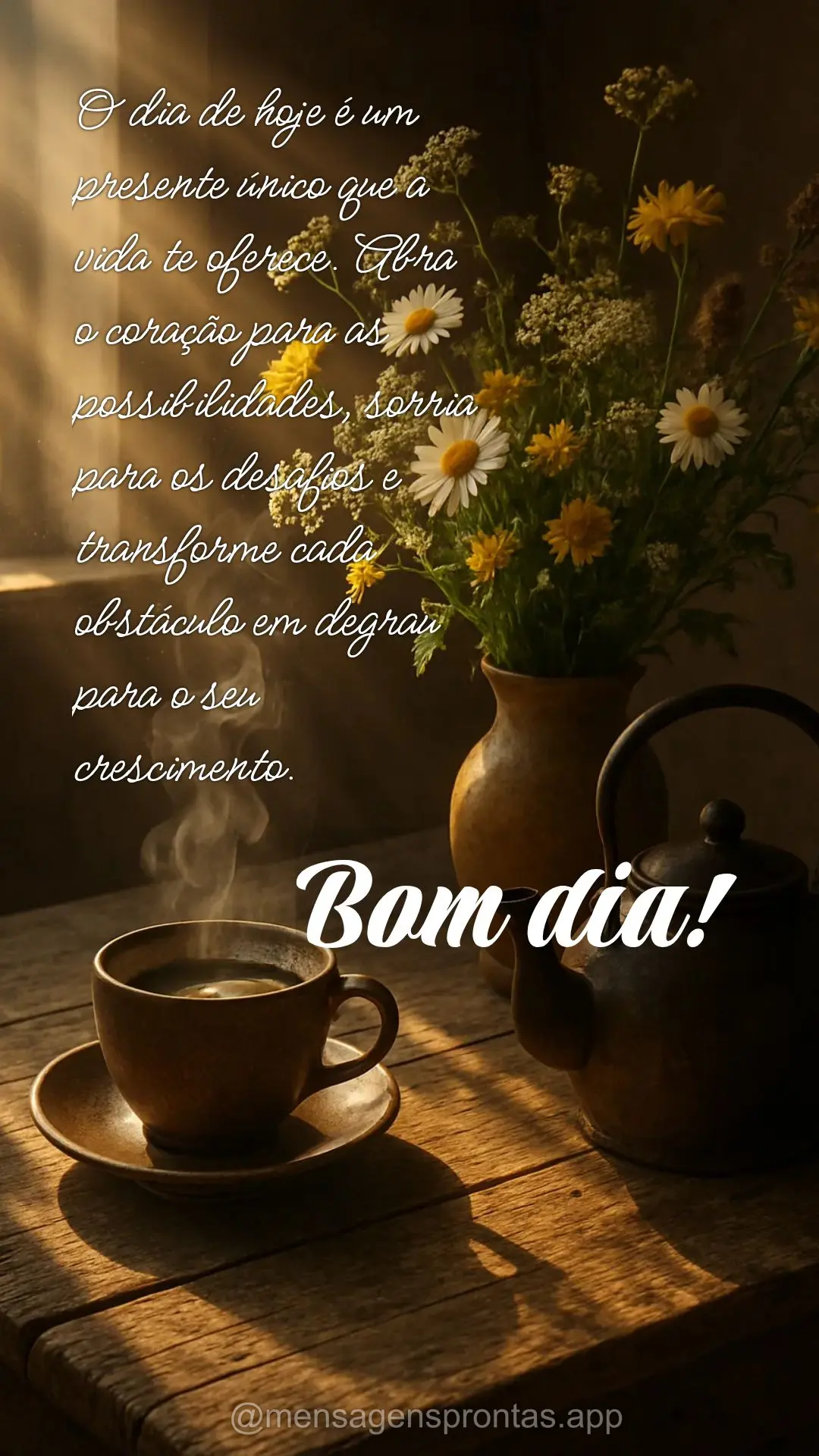 O dia de hoje é um presente único que a vida te oferece. Abra 
o coração para as possibilidades, sorria para os desafios e transforme cada obstácul...