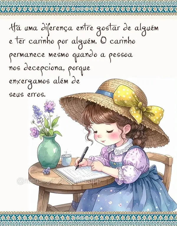 Há uma diferença entre gostar de alguém e ter carinho por alguém. O carinho permanece mesmo quando a pessoa nos decepciona, porque enxerga além dos ...