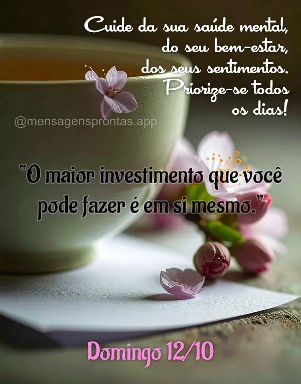 "O maior investimento que você pode fazer é em si mesmo." Cuide da sua saúde mental, do seu bem-estar, dos seus sentimentos. Priorize-se todos os dias...