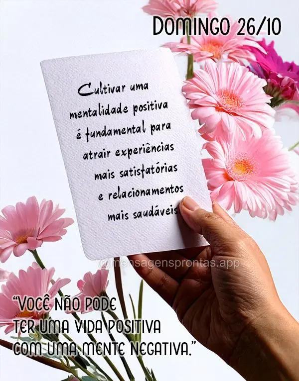 "Você não pode ter uma vida positiva com uma mente negativa."
Cultivar uma mentalidade positiva é fundamental para atrair experiências mais satisfat...