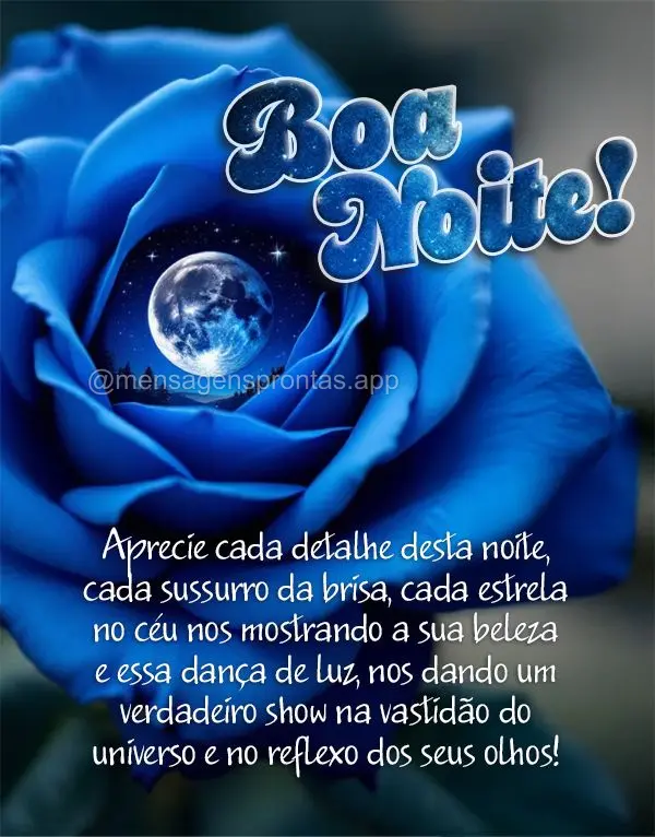 Aprecie cada detalhe desta noite, 
cada sussurro da brisa, cada estrela 
no céu nos mostrando a sua beleza 
e essa dança de luz, nos dando um 
verd...