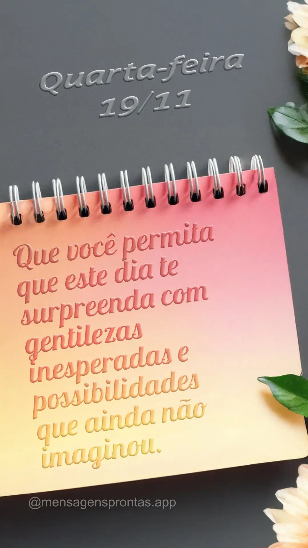 Que você permita que este dia te surpreenda com gentilezas inesperadas e possibilidades que ainda não imaginou. 19/11 Quarta-feira
