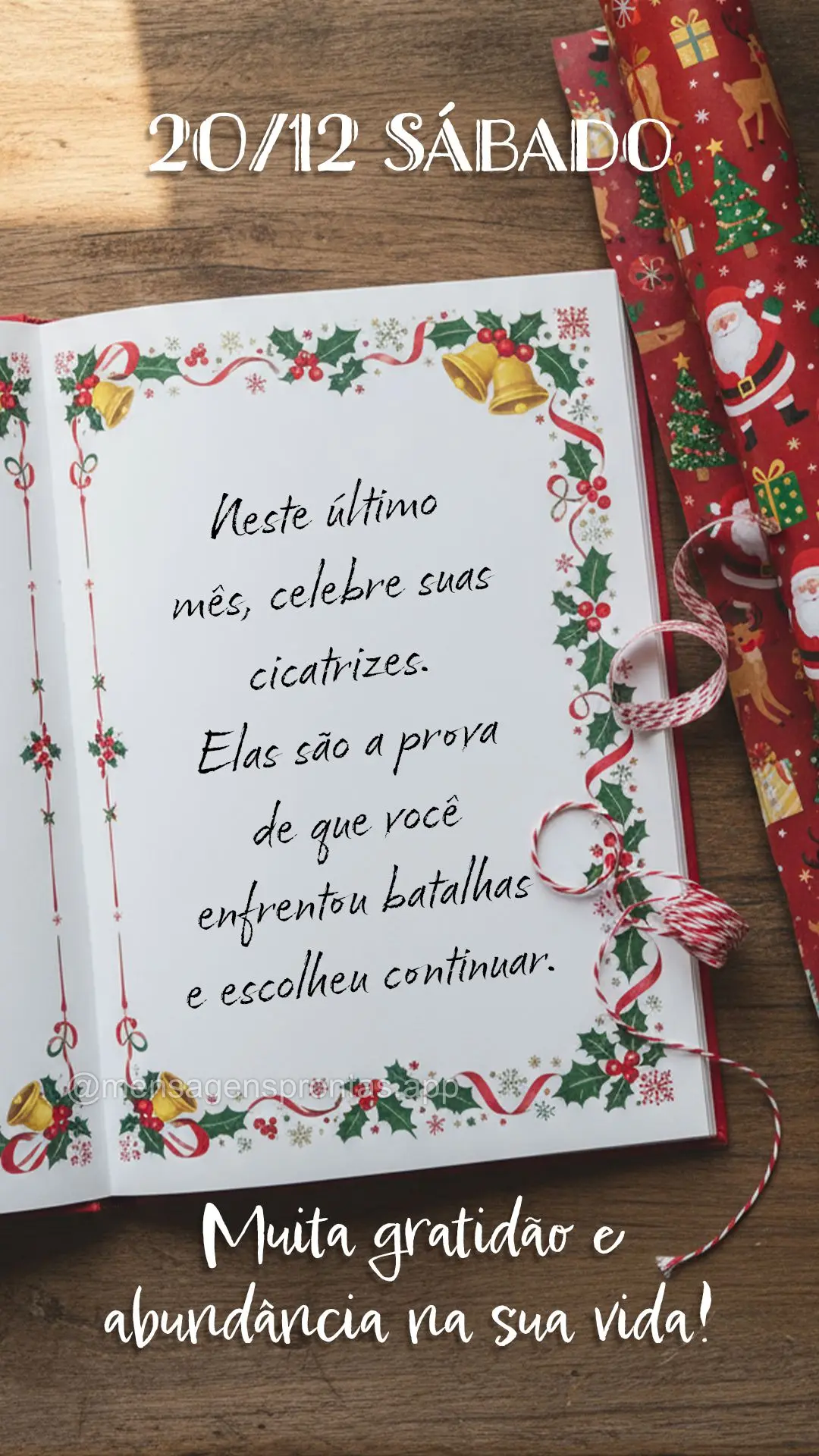 Neste último mês, celebre suas cicatrizes. Elas são a prova de que você enfrentou batalhas e escolheu continuar. Muita gratidão e abundância na sua...