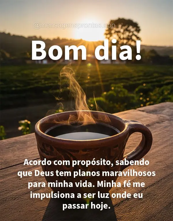 Acordo com propósito, sabendo que Deus tem planos maravilhosos para minha vida. Minha fé me impulsiona a ser luz onde eu passar hoje. Bom dia!
