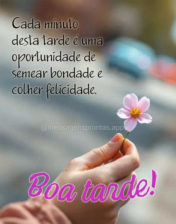 Cada minuto desta tarde é uma oportunidade de semear bondade e colher felicidade. Boa tarde!